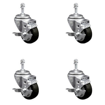 Service Caster 3.5 Inch SS Black Polyurethane Swivel 3/8 Inch Threaded Stem Caster Set Brake SSTS20S3514-PPUB-BLK-TLB-381615-4